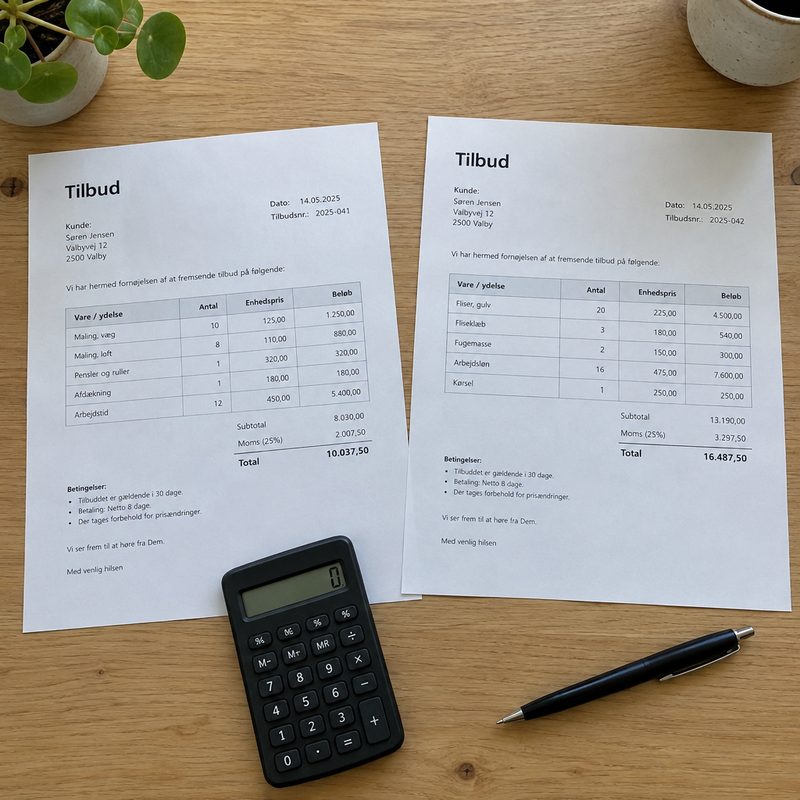 Køkkenbord med tilbudsark, lommeregner og pen klar til fradragsopgørelsen